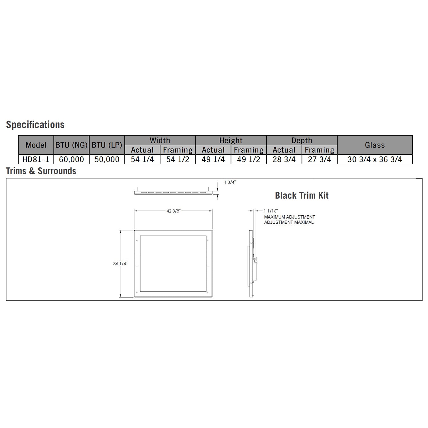 Gas fireplace specifications chart with black trim and surrounds diagram