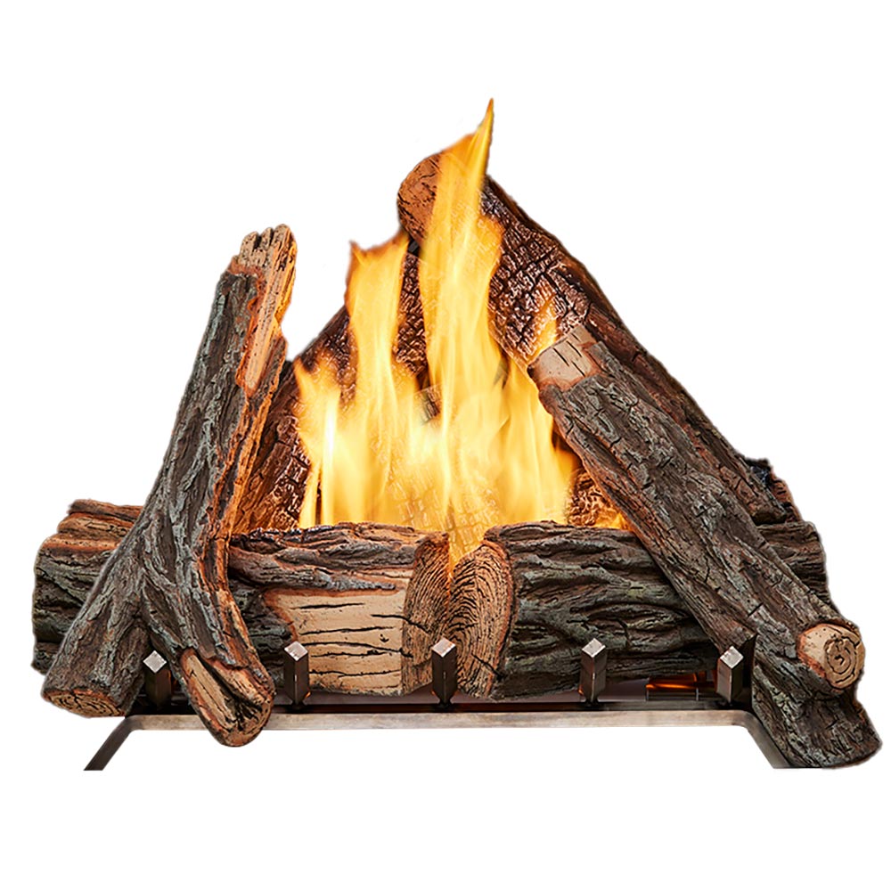 Outdoor gas fireplace log set with stacked faux logs and visible flames