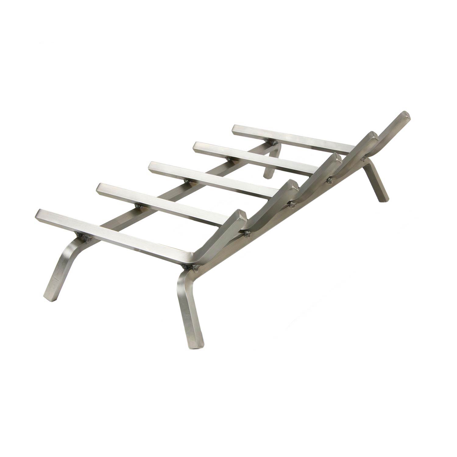 Stainless steel gas log grate with horizontal bars and four legs