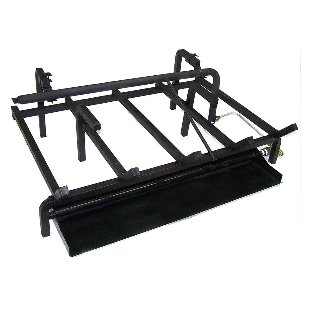 Vented gas burner kit with black metal burner frame and legs