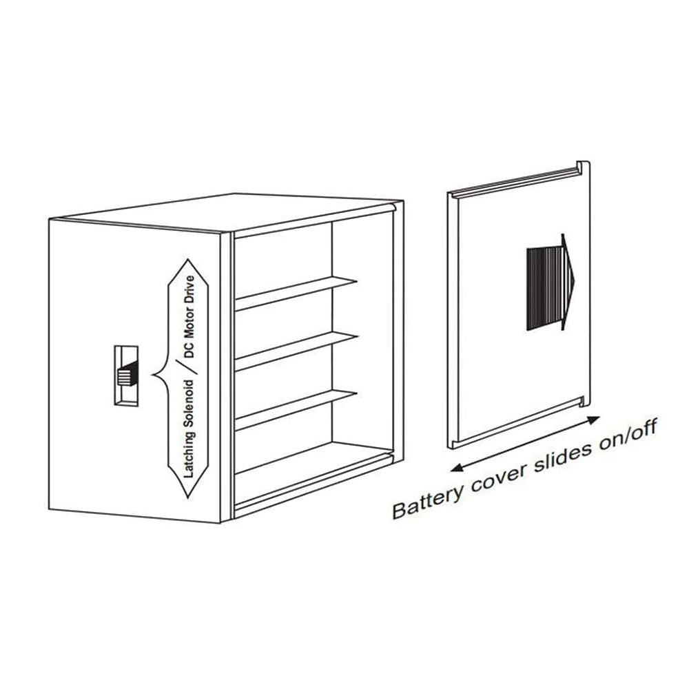 Battery power pack with sliding on/off cover and open storage shelf layout diagram
