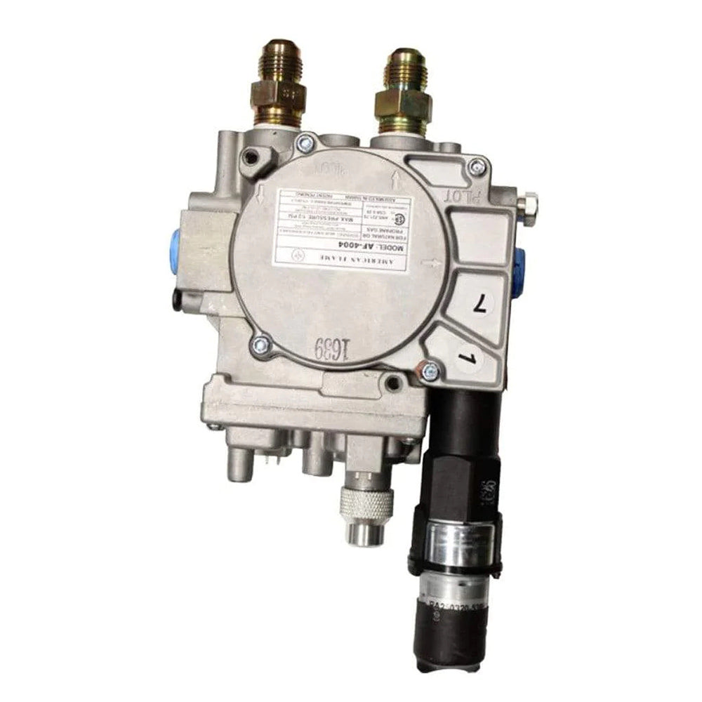 Electronic ignition pilot control valve with two brass ports, gray metal housing