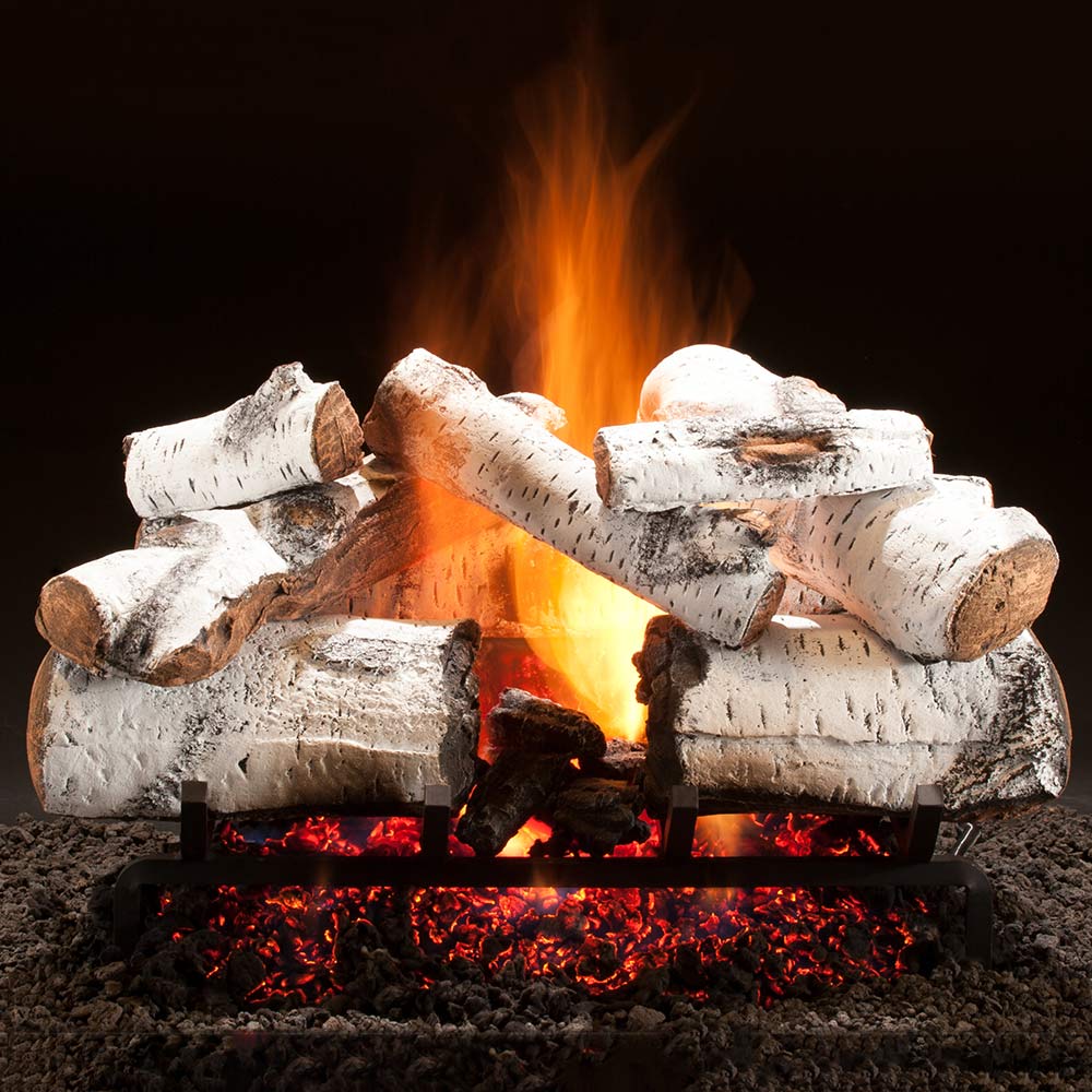 Vented see-through gas log set with white split logs and orange flame