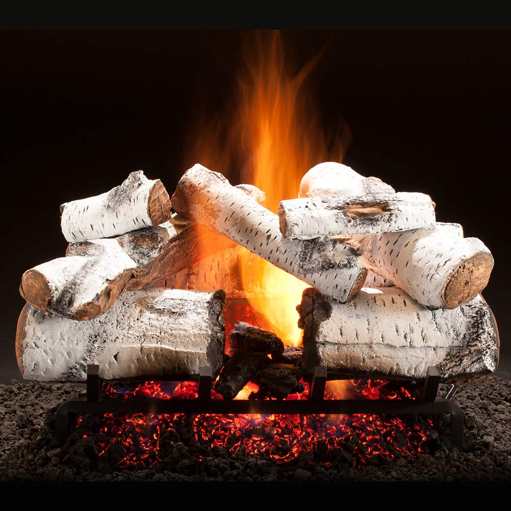 Vented gas logs with glowing embers and visible orange flame