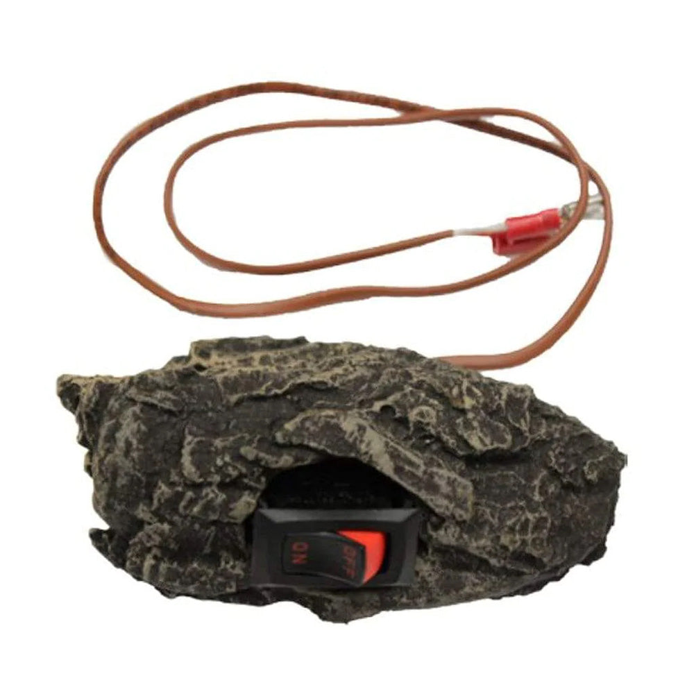 Millivolt on/off switch with red wire leads in faux bark chip insert
