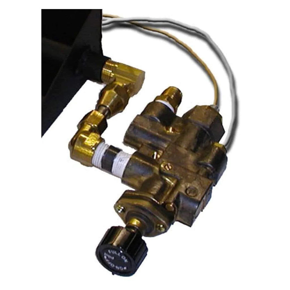 Brass and black manual safety pilot control valve assembly with electrical wiring