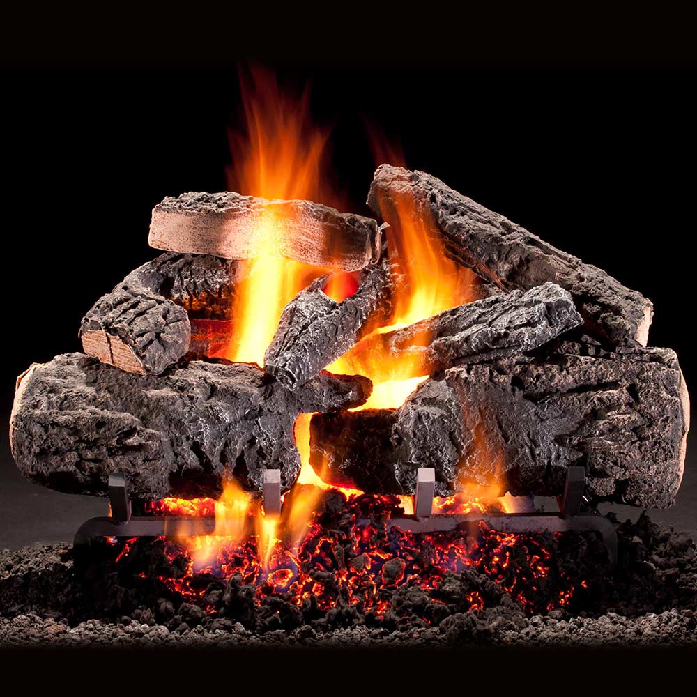Gas log set with stacked split logs and visible flames for a vented fireplace