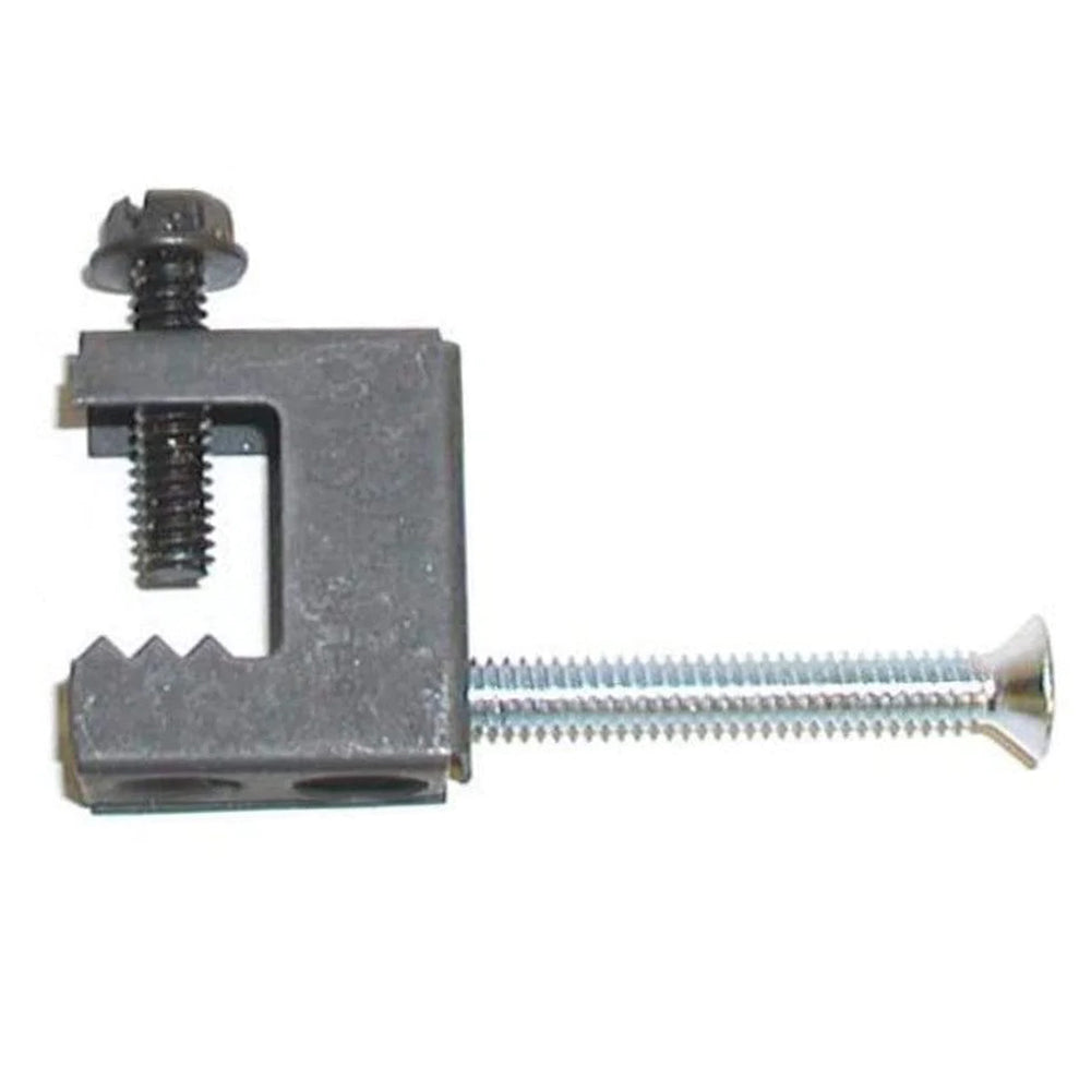 Metal damper stop bracket with threaded screw and clamp hardware
