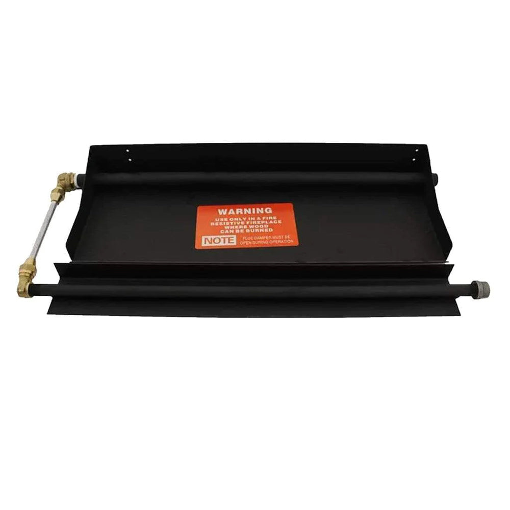 Black metal ember bed tray with side rails and warning label