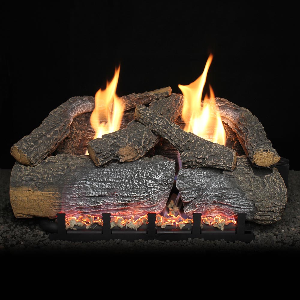 Vent-free gas log set with burning flames over dark stacked logs