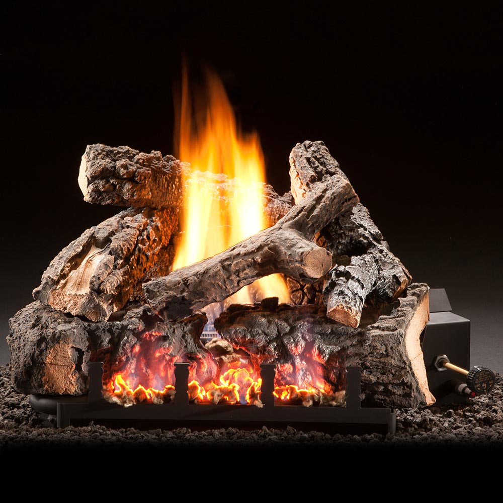 Vent-free gas log set with gray-brown logs and orange flames in a hearth