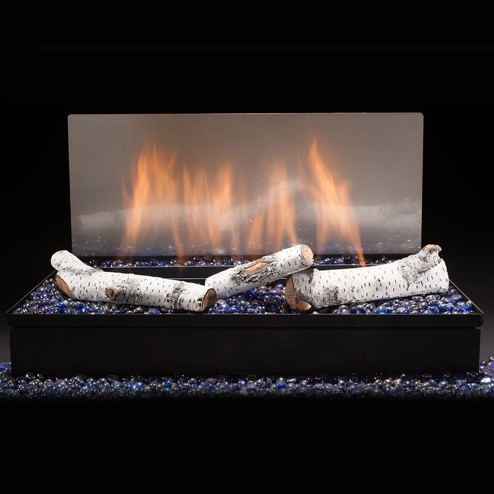 Vent-free gas log set with light-gray logs and blue ember bed, flames in front
