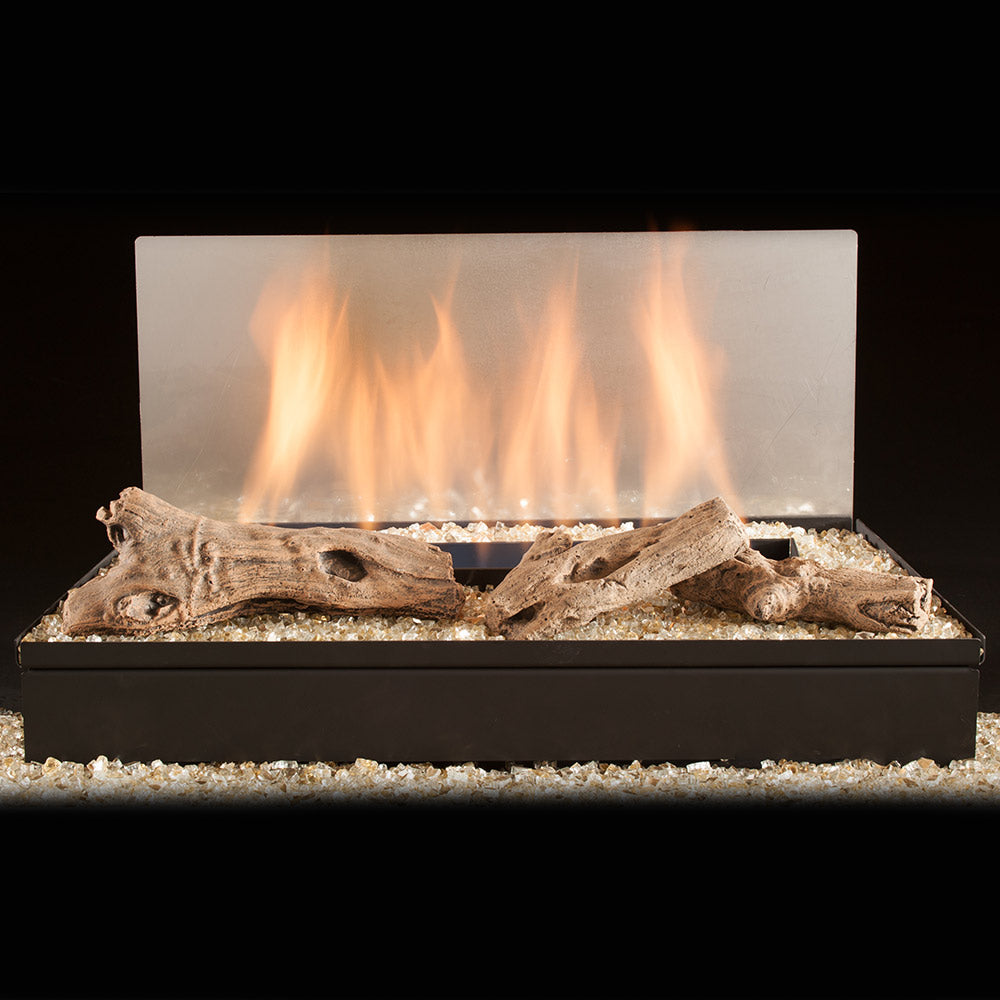 Driftwood twig vent-free gas log set with glowing flames and dark firebox