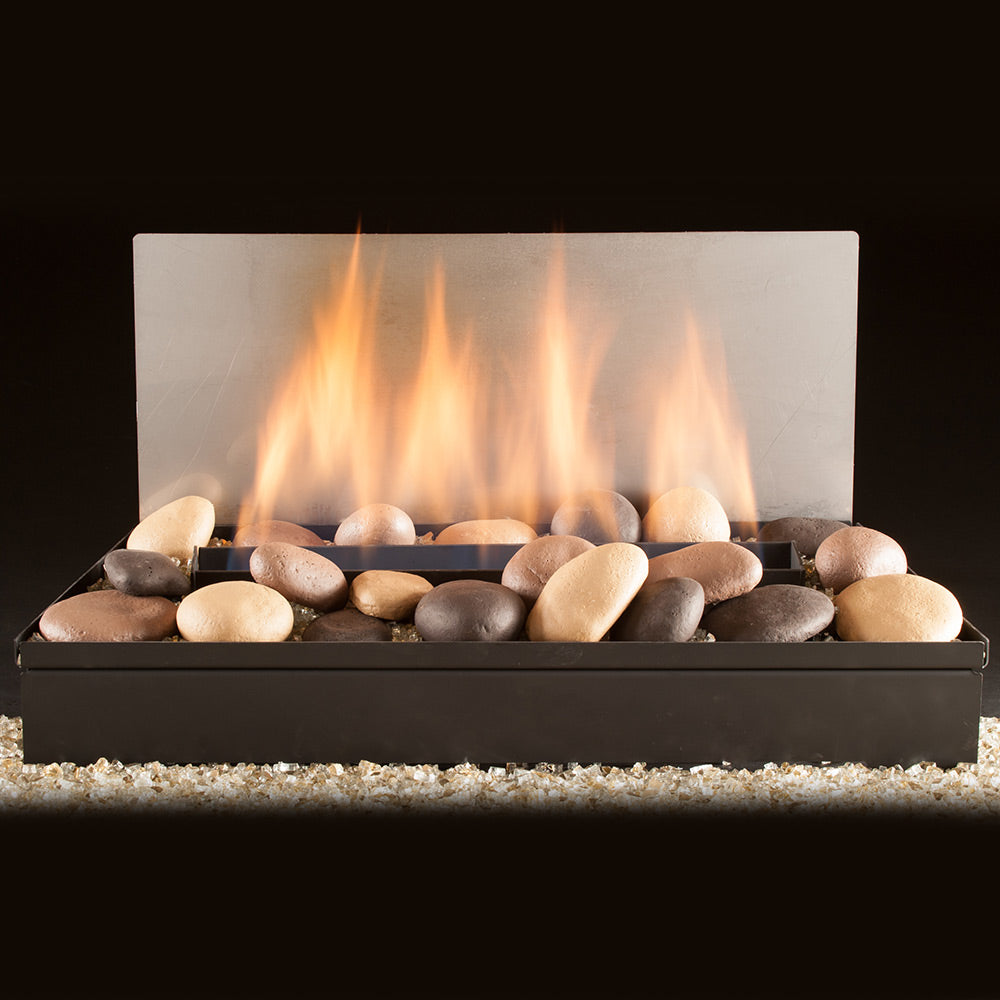Vent-free gas log set with beige and dark gray river stones and flames