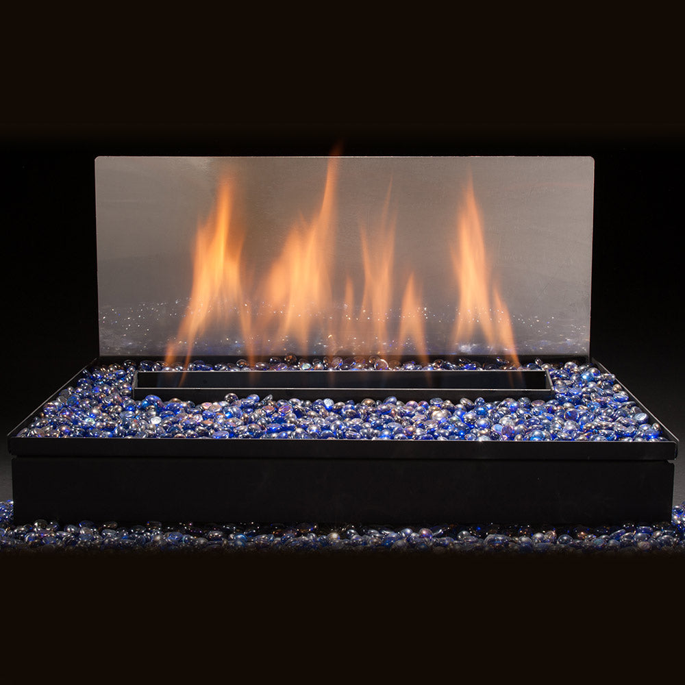 Vent-free fire glass burner with blue and clear glass and visible flames
