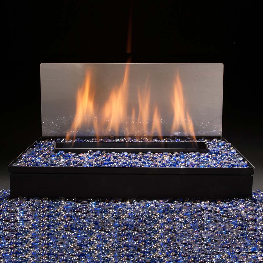 Vent-free gas burner with glowing flames and blue decorative glass media