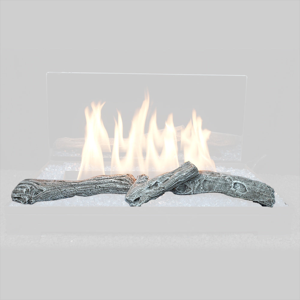Vent-free burner twig kit with gray driftwood logs and visible flames