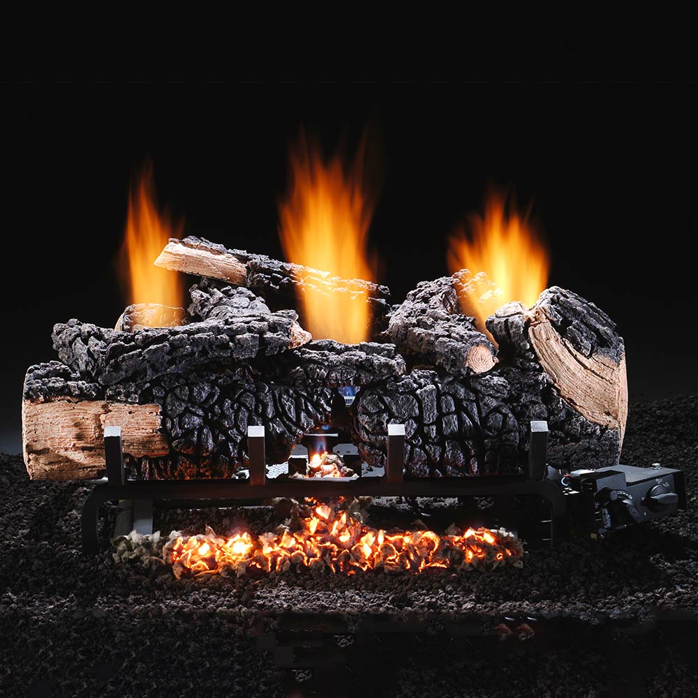 Vent-free gas log set with charred logs and glowing embers, flames rising