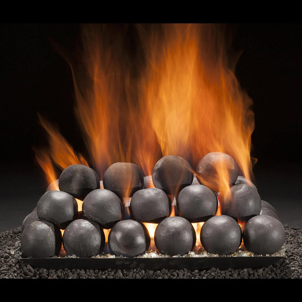 Decorative 4-inch cannon ball ornament with stacked spherical stones and flames