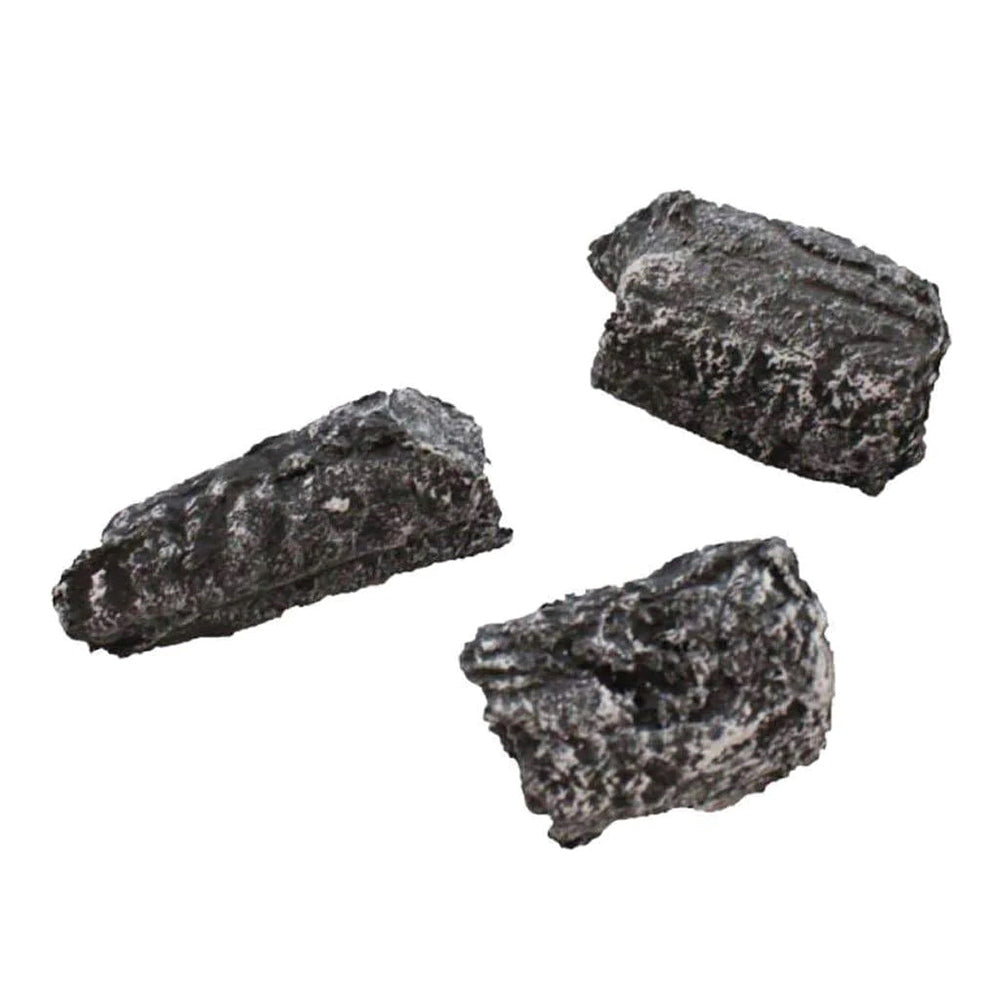 Decorative charred fiber bed chips, three dark textured pieces