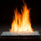Vented gas fire glass set with burner pan and visible flames