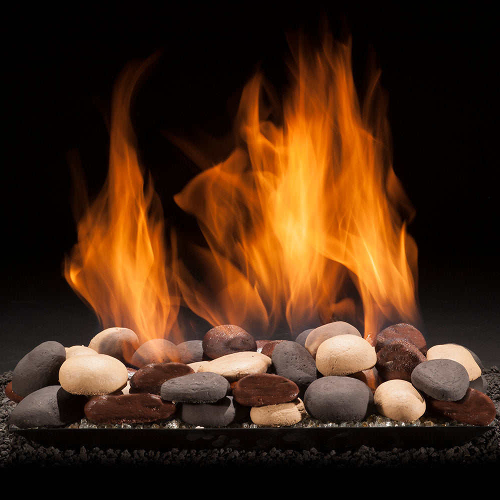 Vented gas burner with river stones and flames