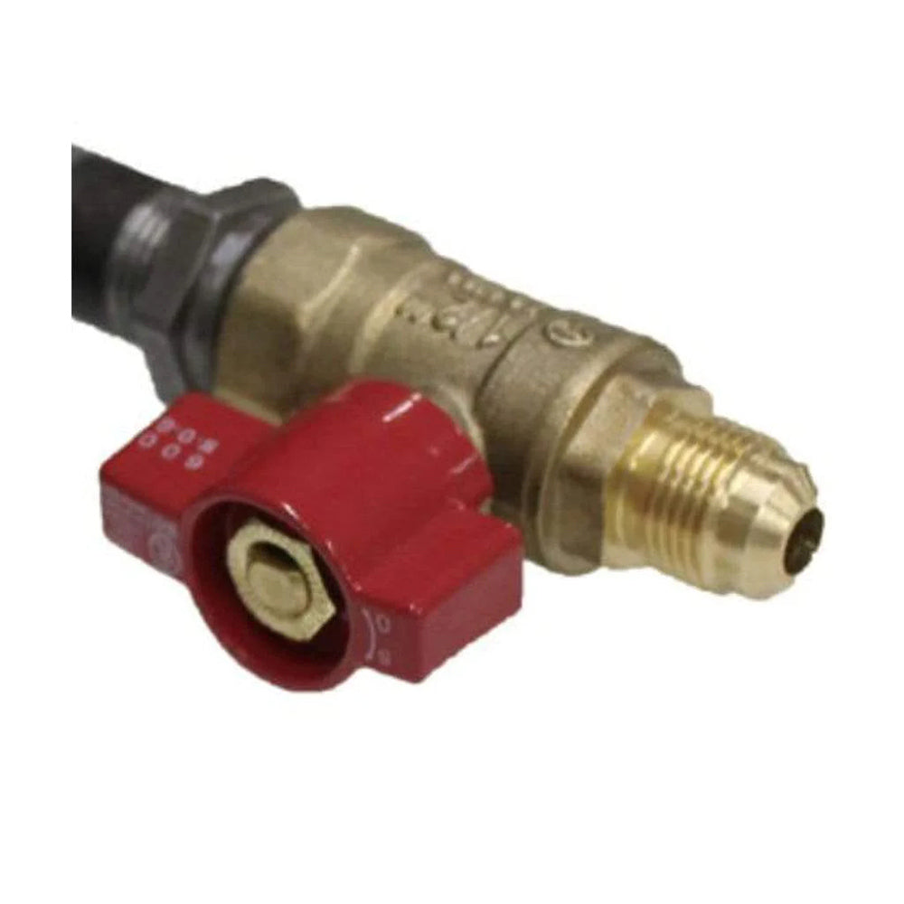 Manual gas shutoff valve with red extension handle and brass body, 3/8 flare fitting