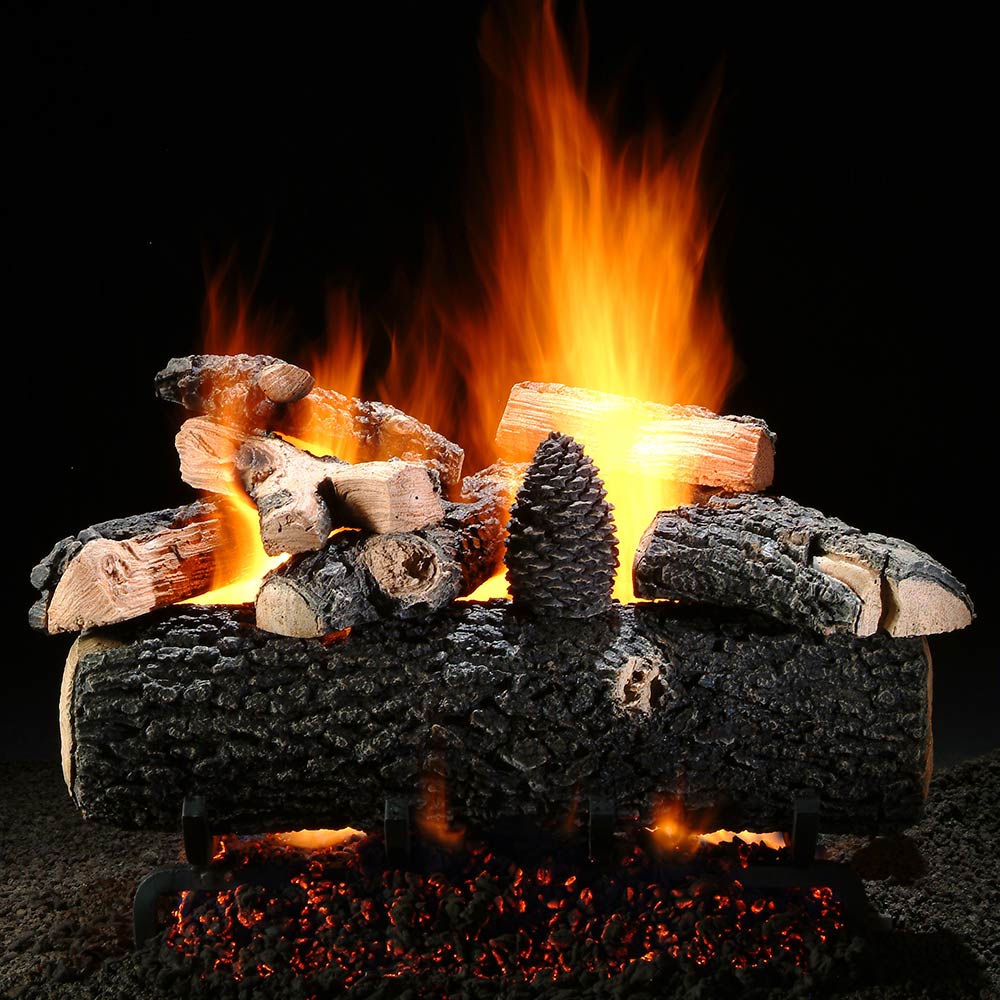 Gas log set with glowing embers and stacked logs, showing active orange flames
