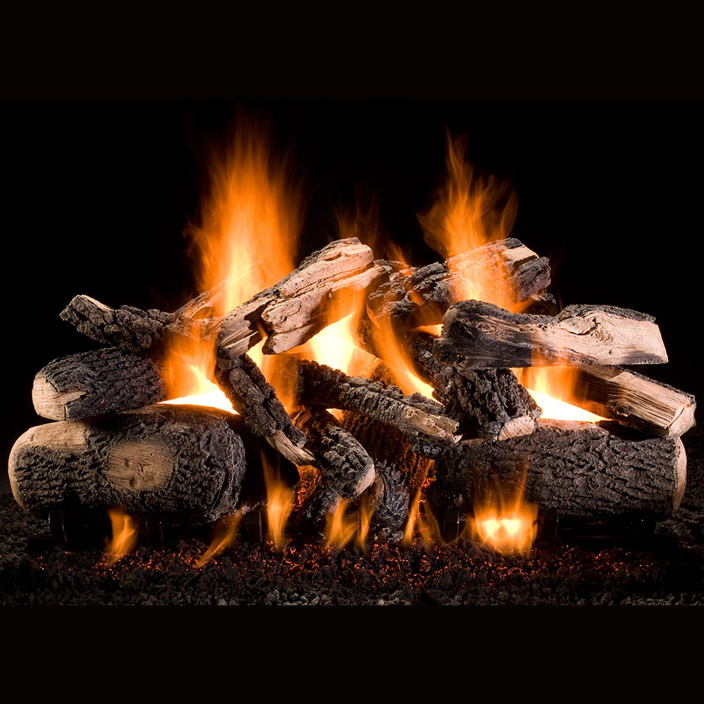 Vented gas log set with split wood pieces, glowing embers and open flames