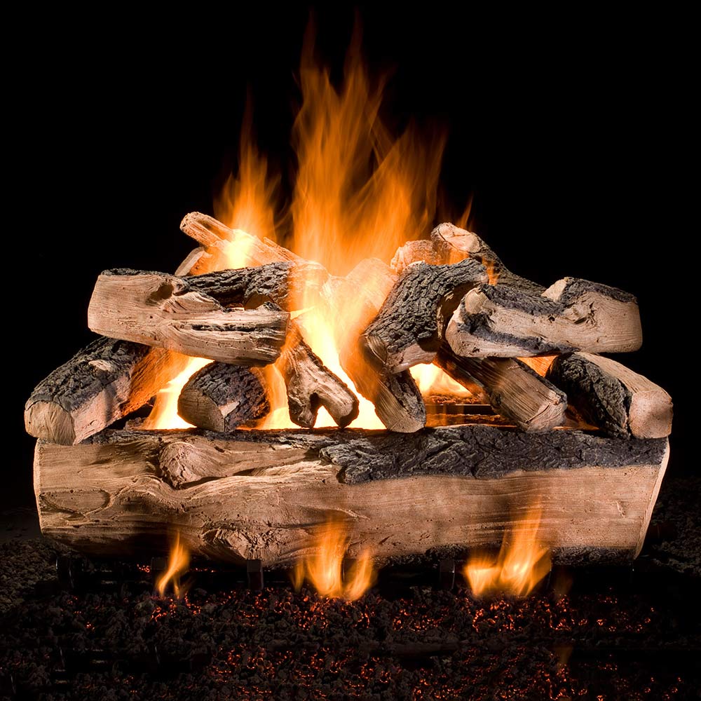 Vented gas log set with split stacked logs and orange flames in a fire tray