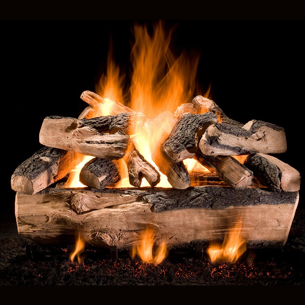 Vented gas log set with split stacked logs and bright flames