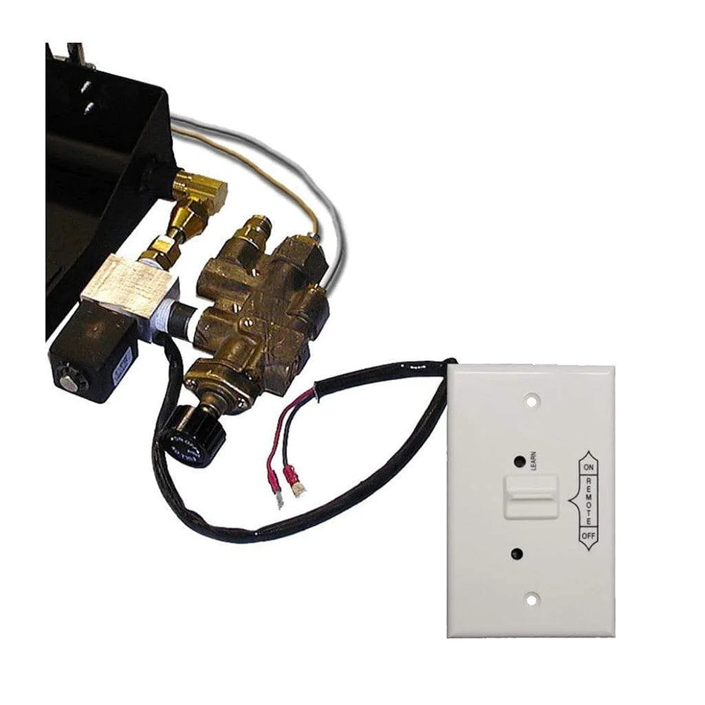 On/off wall switch kit with wiring module, brass connectors, and white switch plate