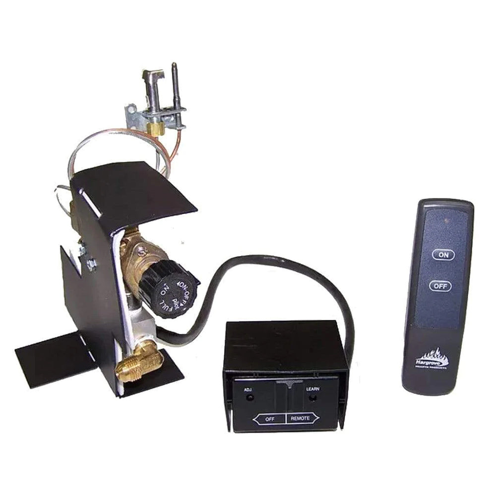 Safety pilot control unit with latch and black remote with ON/OFF buttons