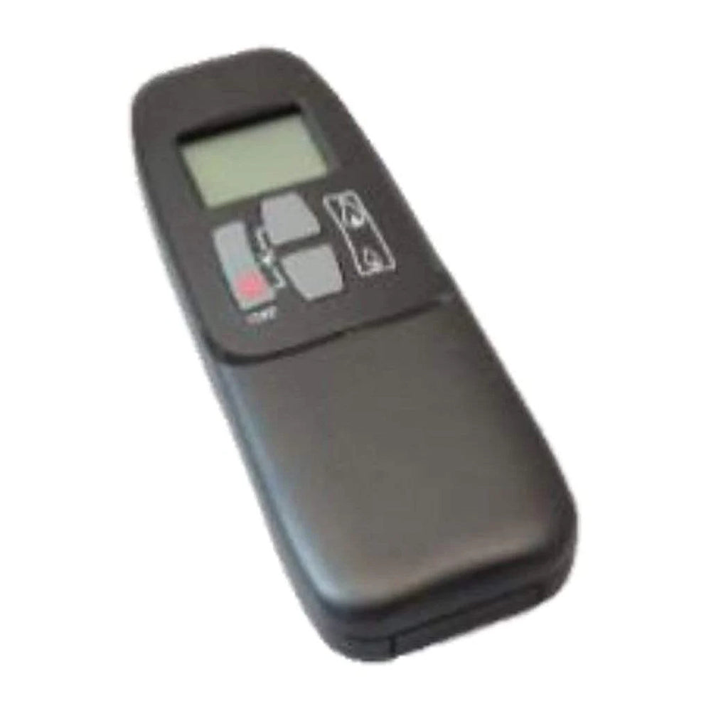 Handheld electronic remote control with LCD screen and buttons, dark gray