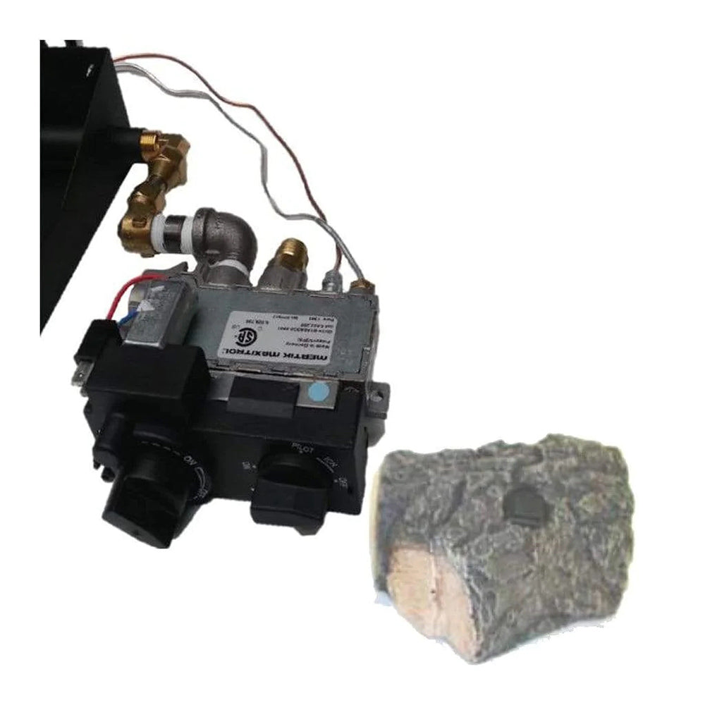 Flame valve kit control module with black housing and brass fittings, wired components
