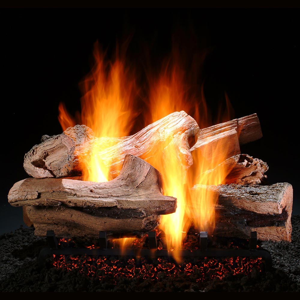 Vented gas logs with glowing embers and bright flames, stacked in a log cradle