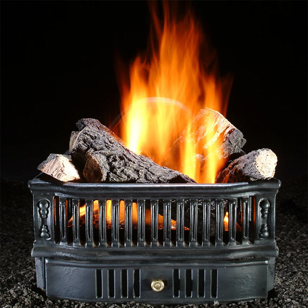 Vented black metal gas log basket with glowing coals and tall orange flames
