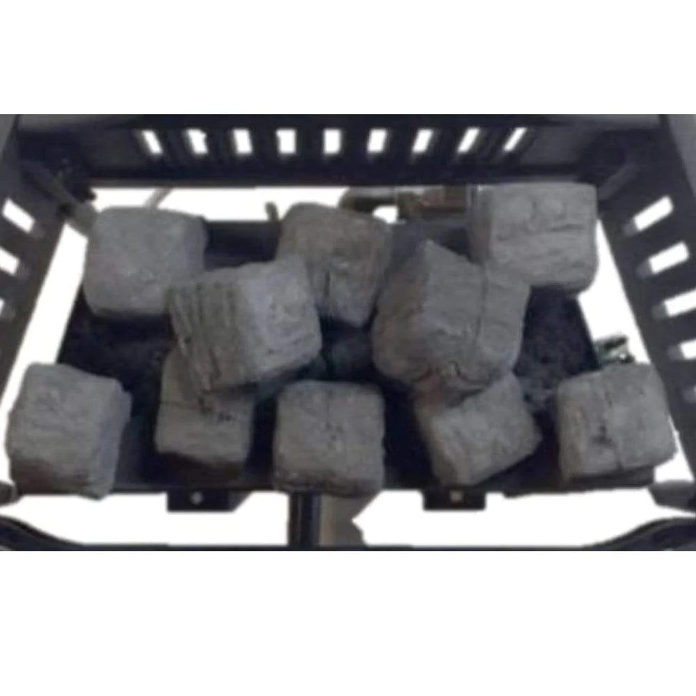 Dark gray coal pieces in a firebox basket