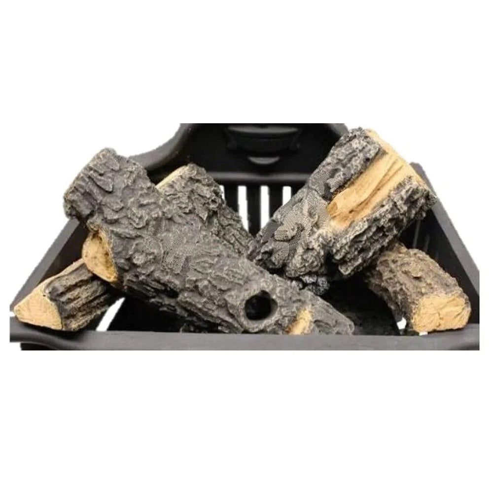 Decorative basket with faux wood logs in gray and tan tones