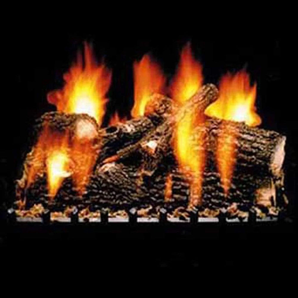 Vented gas log set with dark oak logs and bright orange flames