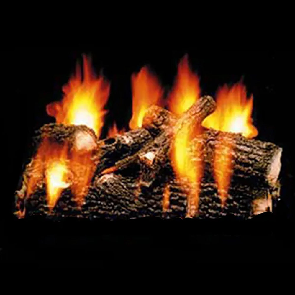 Vented gas log set with burning oak-style logs and open flames