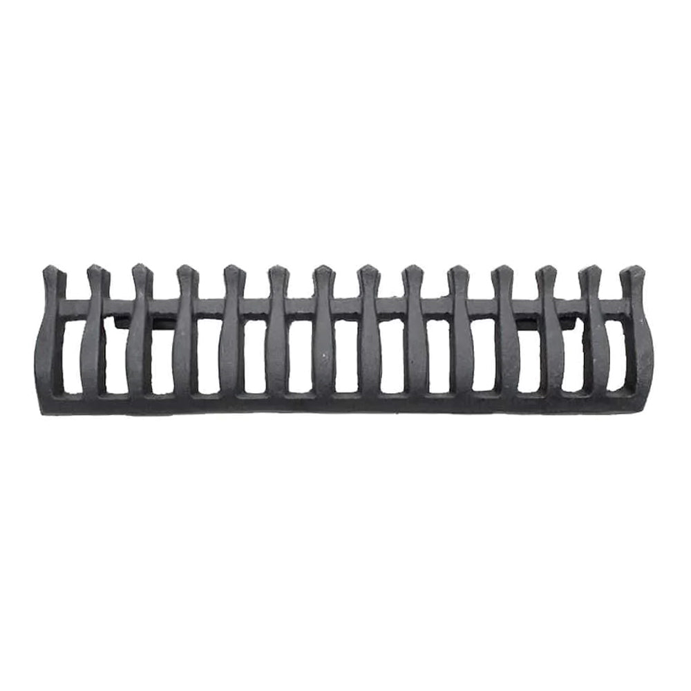 Cast iron pedestal grate facing with raised ridged frame and evenly spaced bars