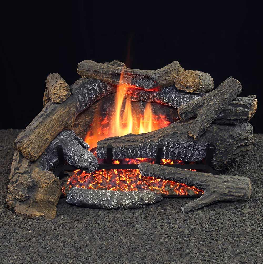 Vent-free gas log set with stacked logs and glowing orange flames