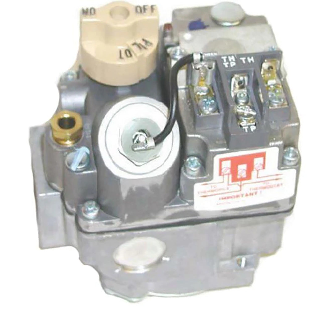 Millivolt safety pilot control valve with beige knob and wiring, silver metal body
