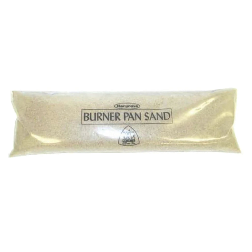 Silica sand bag labeled BURNER PAN SAND with cream-colored granules