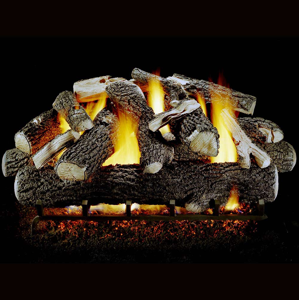 Vented gas log set with simulated flames and glowing embers