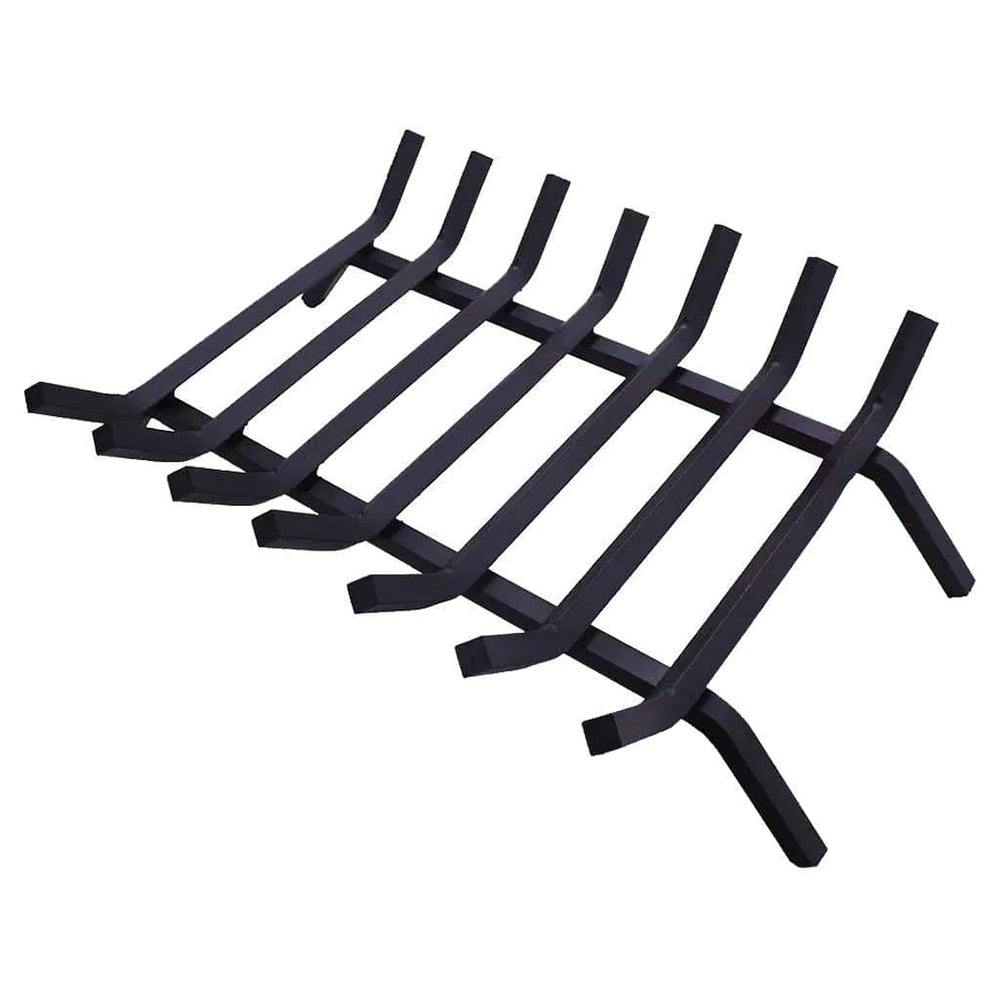 Wood burning grate with black metal bars and curved support legs