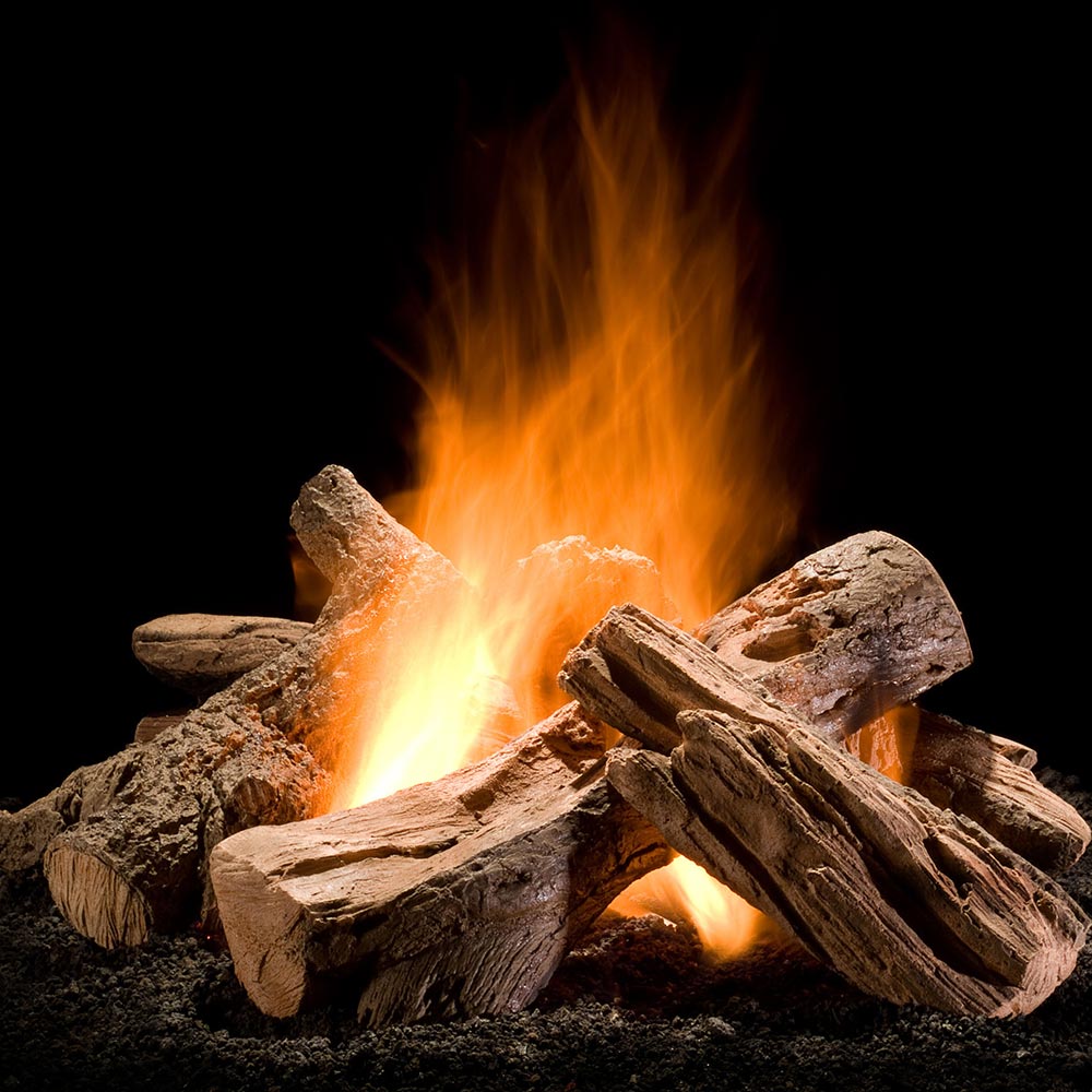 Split gas logs with visible flames and glowing embers