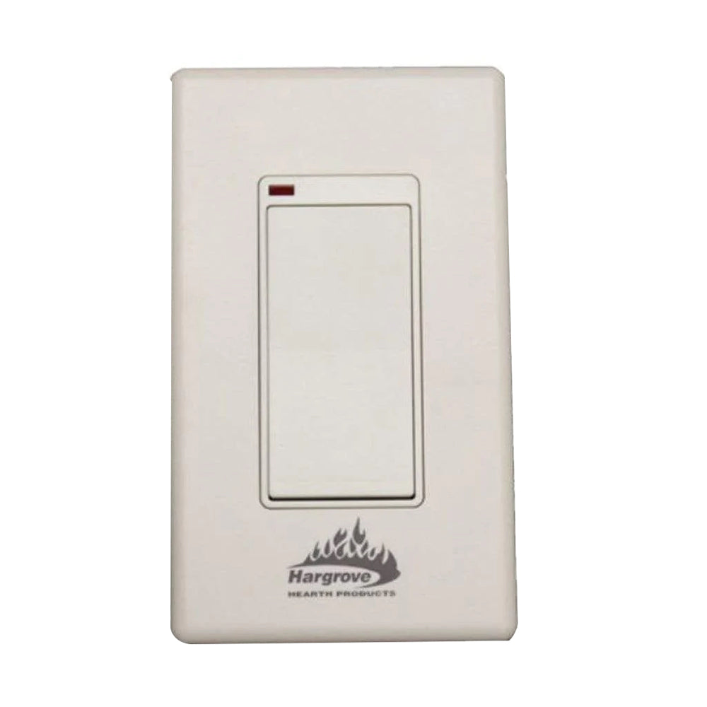 Wireless wall switch plate with rectangular rocker and red indicator light, white.