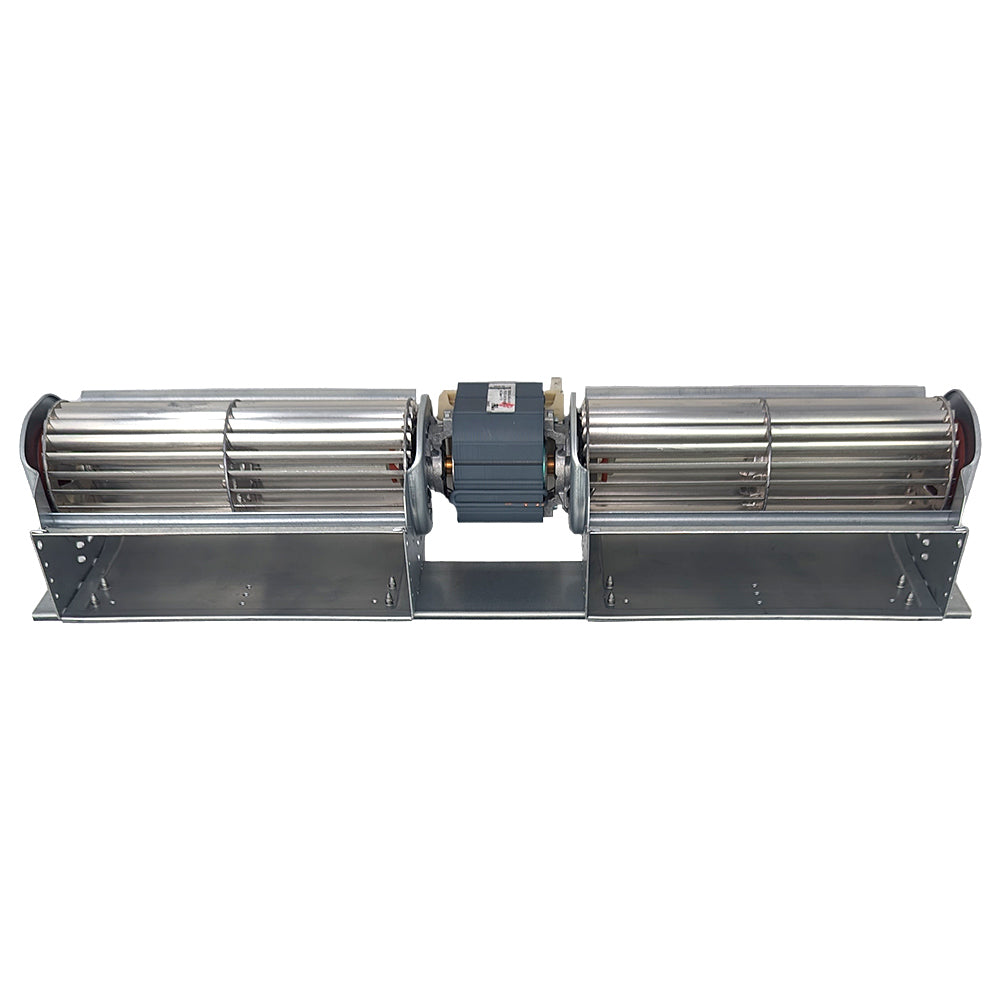 Metal replacement distribution blower assembly with twin cylindrical fan housings
